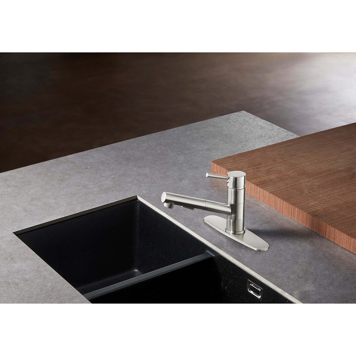 Gourmetier LS84DLAB Concord Single-Handle Pull-Out Kitchen Faucet, Antique Brass showcasing sleek design in a modern kitchen.
