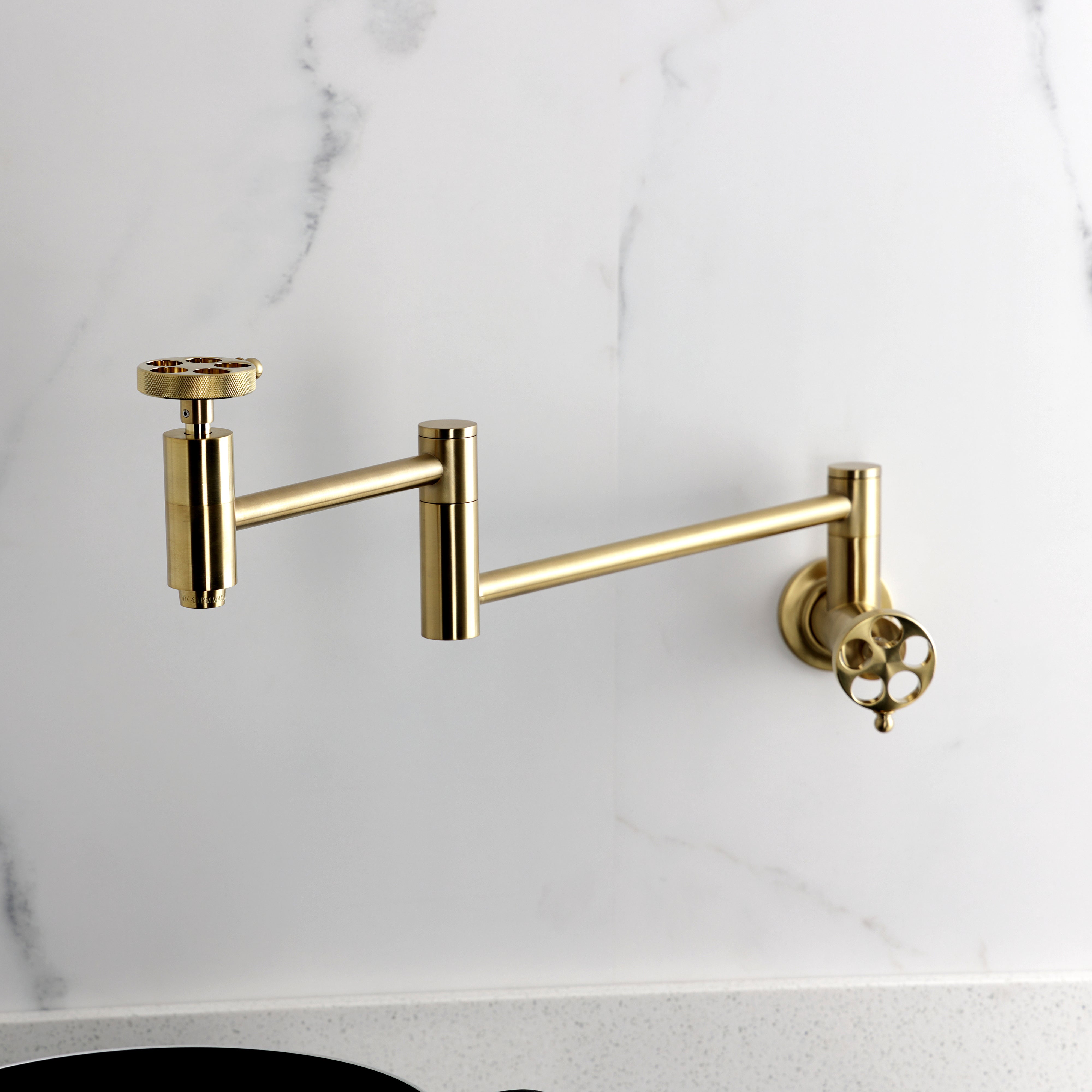 Kingston Brass KS8103RKZ Wendell Wall Mount Pot Filler Faucet with Knurled Handle, Antique Brass