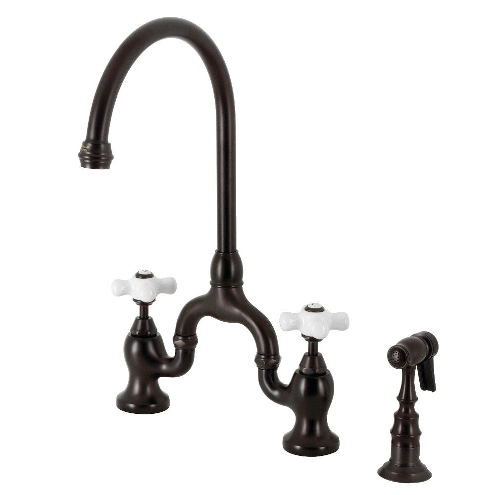 Kingston KS7798PXBS English Country Bridge Kitchen Faucet with Brass Sprayer, Brushed Nickel in Oil Rubbed Bronze finish.
