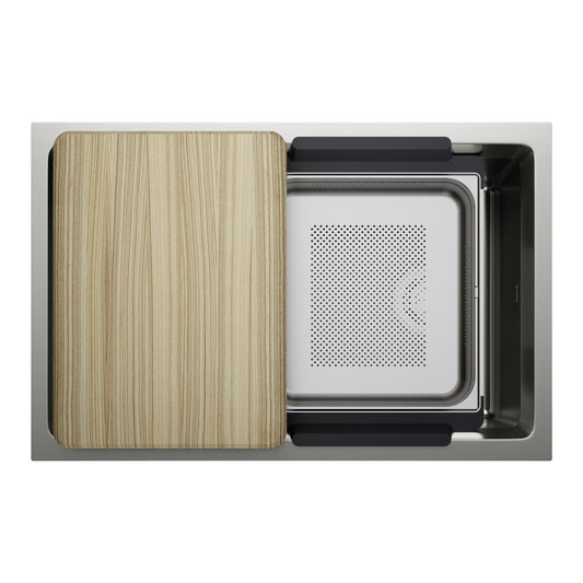 BLANCO Inteos 30" Single Bowl Reversible Undermount Stainless Steel Workstation Kitchen Sink with cutting board and accessory.