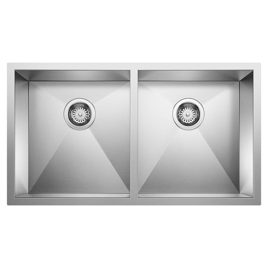 BLANCO Quatrus R0 32" 50/50 Double Bowl Undermount Stainless Steel Kitchen Sink view with dual basins.