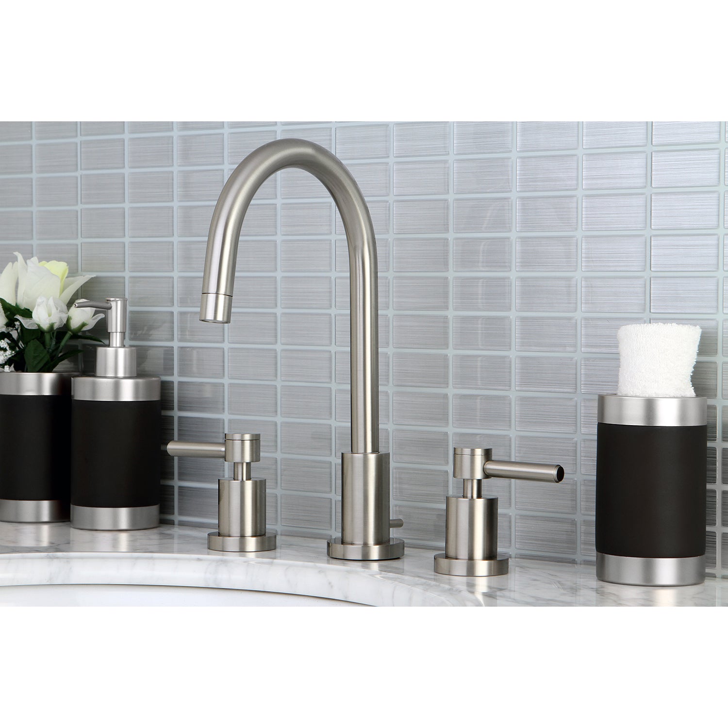 Kingston Brass KS8958DL Concord Widespread Bathroom Faucet with Brass Pop-Up, Brushed Nickel in modern bathroom setting.