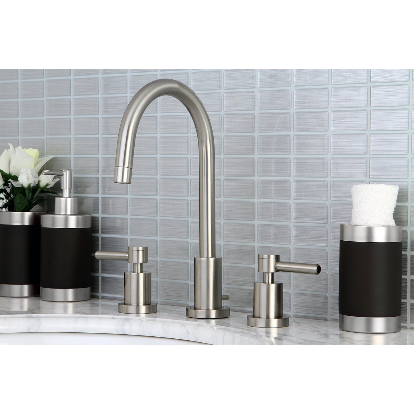 Kingston Brass KS8958DL Concord Widespread Bathroom Faucet with Brass Pop-Up, Brushed Nickel in modern bathroom setting.