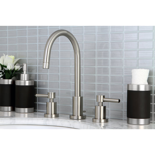 Kingston Brass KS8958DL Concord Widespread Bathroom Faucet with Brass Pop-Up, Brushed Nickel in modern bathroom setting.
