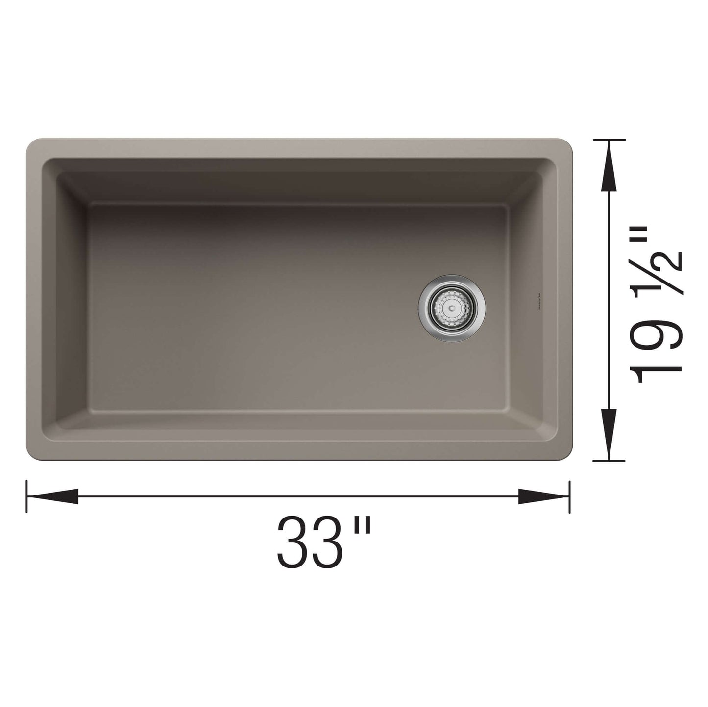 BLANCO Inteos SILGRANIT 33" Single Bowl Reversible Undermount Workstation Kitchen Sink top view with dimensions.