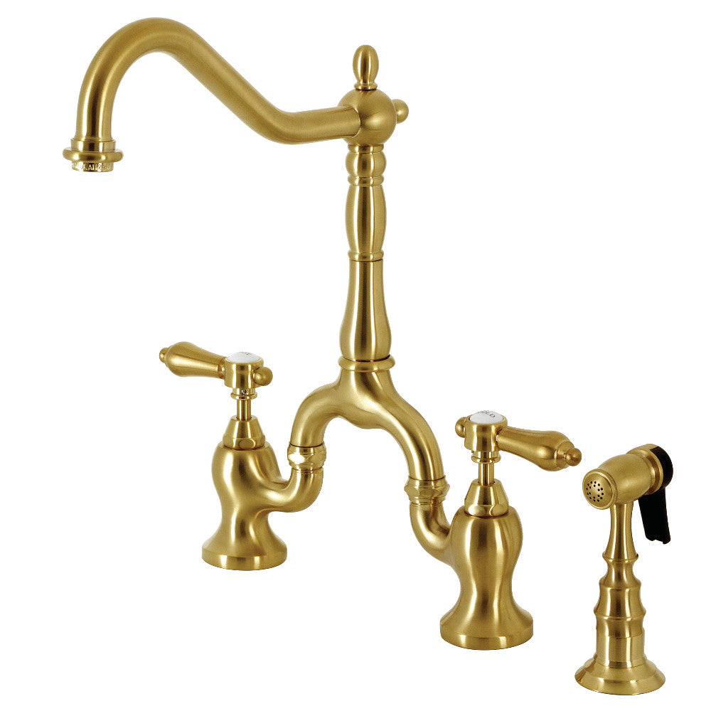 Kingston KS7753BALBS Heirloom Bridge Kitchen Faucet with Brass Sprayer, Antique Brass in elegant design