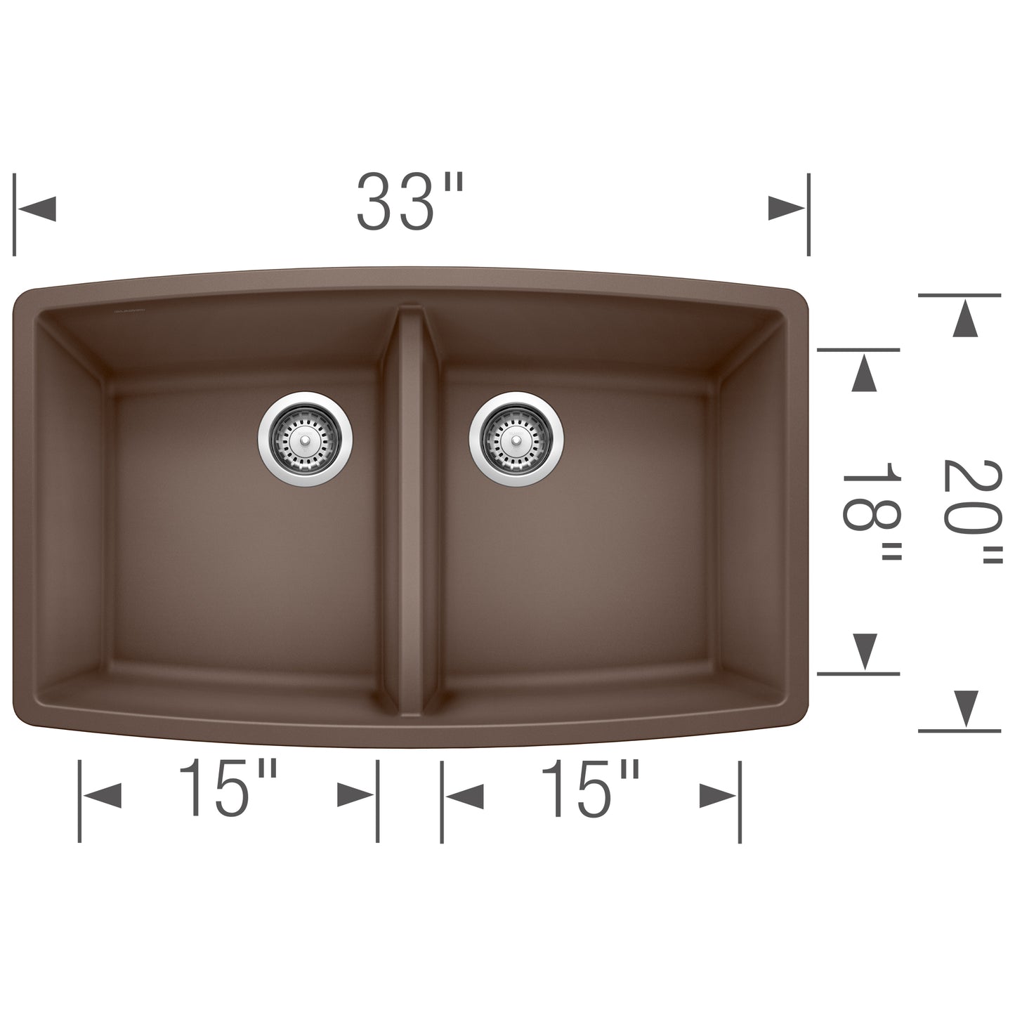 BLANCO Performa SILGRANIT 33" 50/50 Double Bowl Undermount Kitchen Sink top view with dimensions.