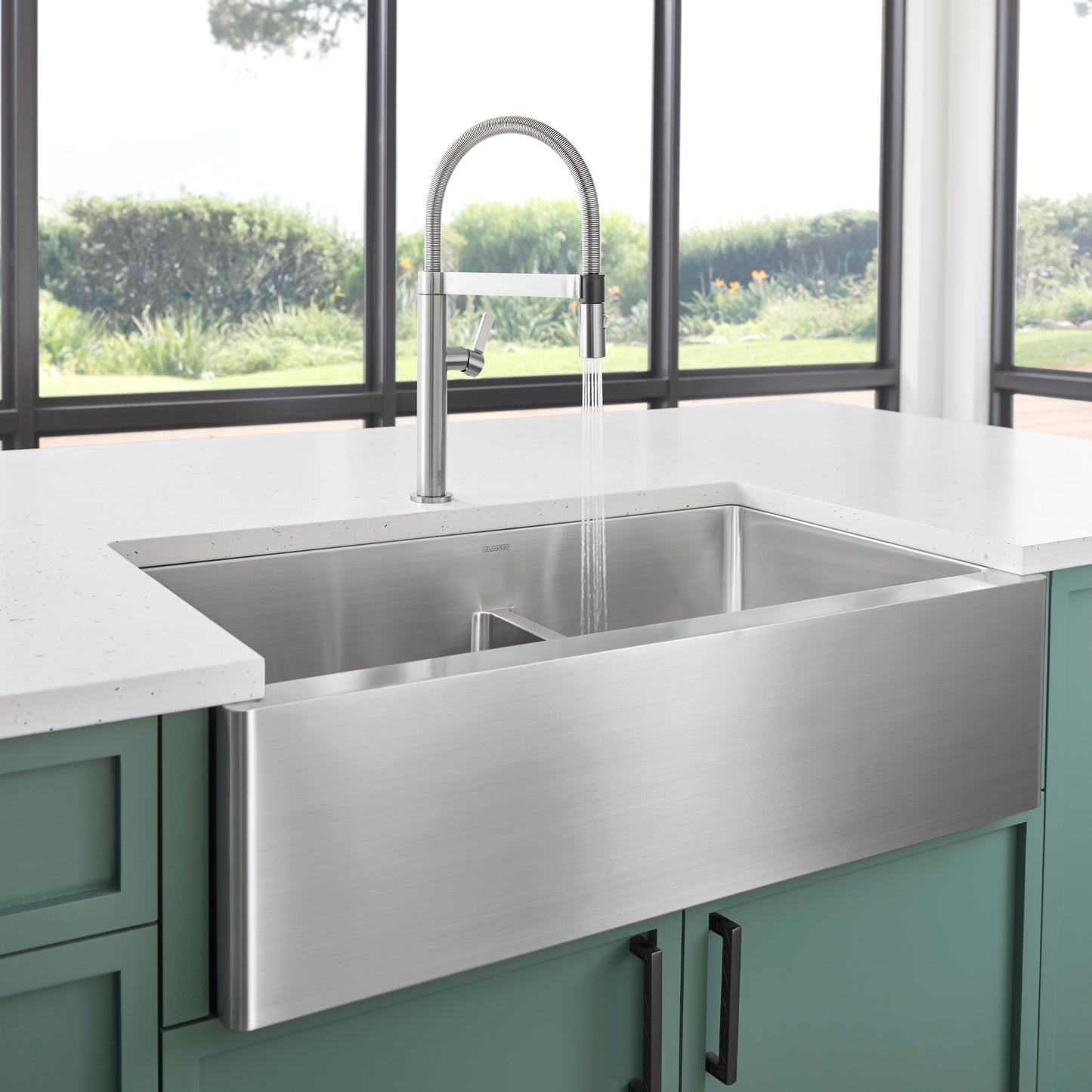 BLANCO Quatrus R15 33" 60/40 Double Bowl Apron-Front Stainless Steel Farmhouse Sink with Low Divide in modern kitchen setting.
