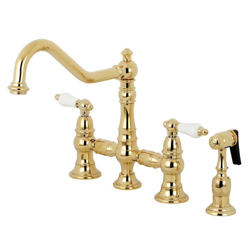 Kingston KS3277PLBS Restoration Bridge Kitchen Faucet with Brass Sprayer, Brushed Brass image showcasing traditional design.