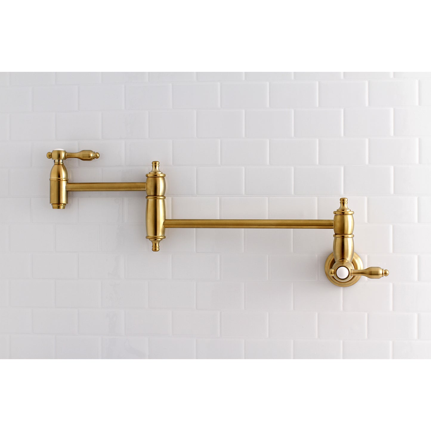Kingston Brass KS3103TAL Tudor Wall Mount Pot Filler Faucet, Antique Brass on kitchen tile wall