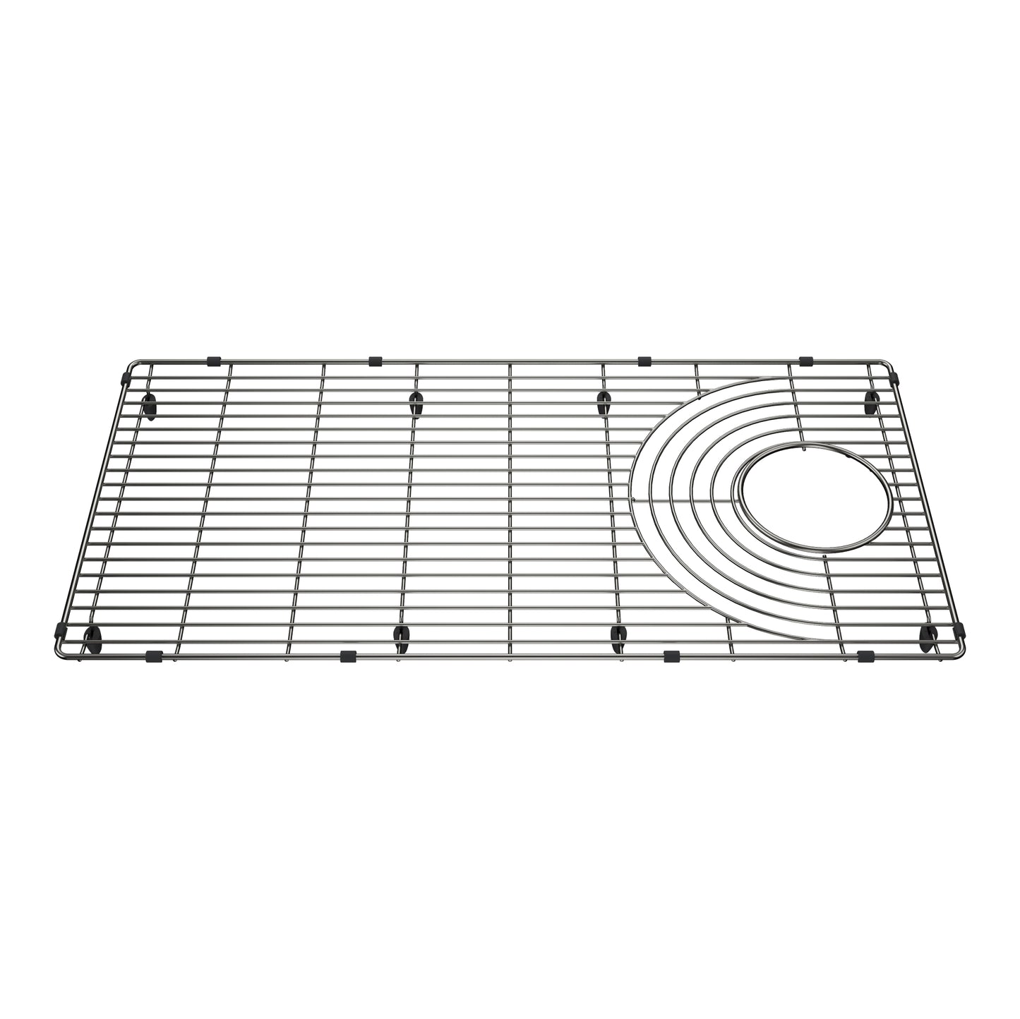 Stainless Steel Sink Grid for Inteos 33" Workstation Sink with black non-skid feet and circular cutout for functionality.