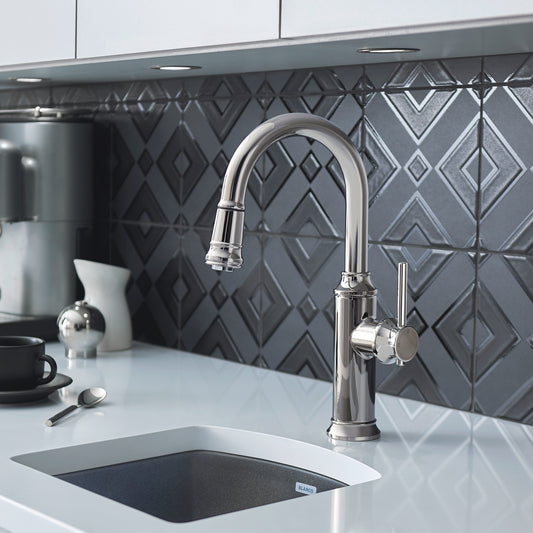 BLANCO Empressa Pull-Down Bar Faucet showcasing vintage design in a modern kitchen setting.