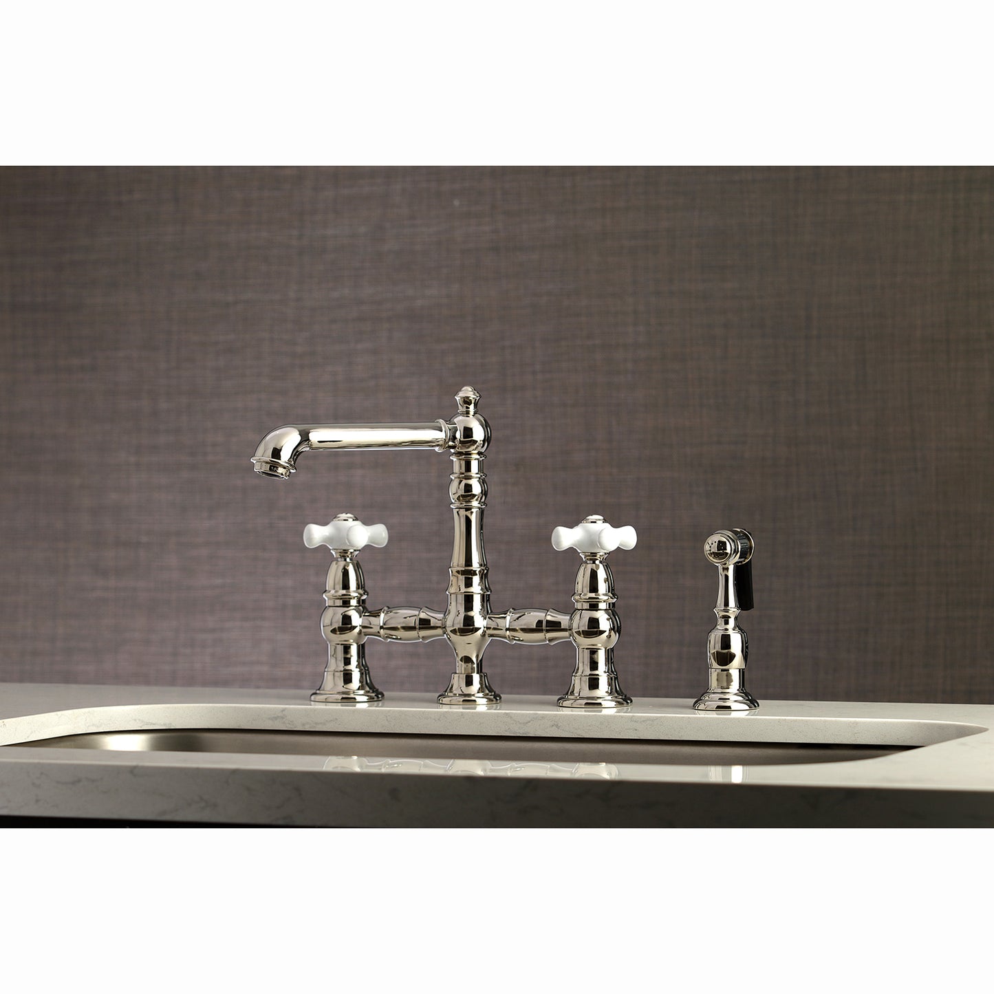 Kingston KS7277PXBS English Country Bridge Kitchen Faucet with Brass Sprayer, Brushed Brass
