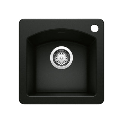 BLANCO Diamond SILGRANIT 15" Dual Mount Bar Sink in black finish with stainless steel strainer.