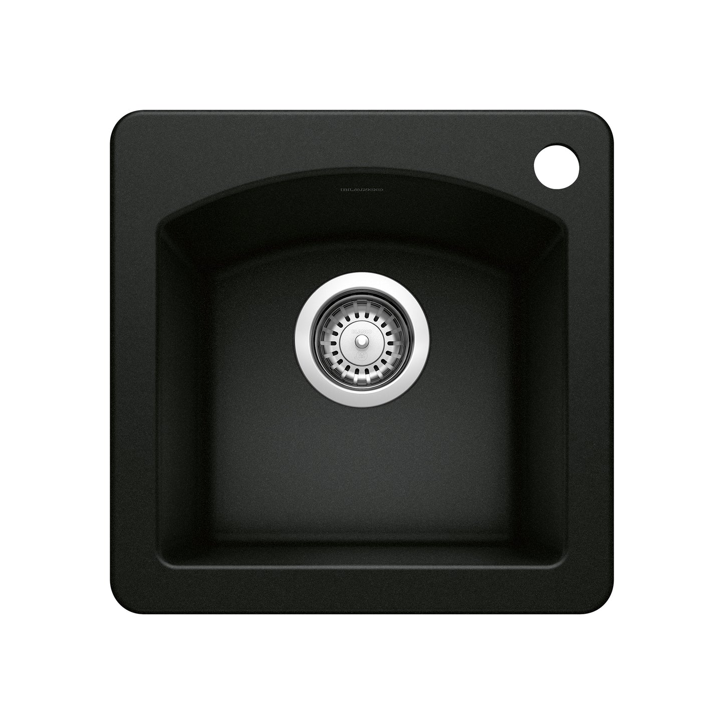 BLANCO Diamond SILGRANIT 15" Dual Mount Bar Sink in black finish with stainless steel strainer.