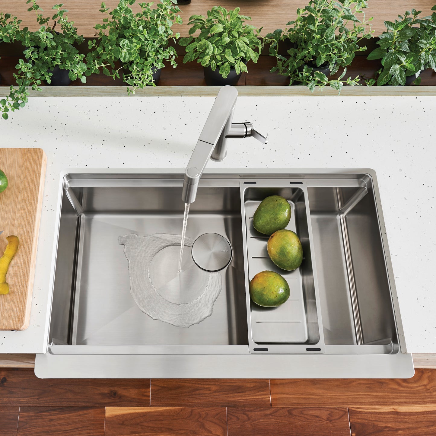 BLANCO Quatrus R15 Ergon 33" Single Bowl Apron-Front Stainless Steel Farmhouse Sink with workstation design.