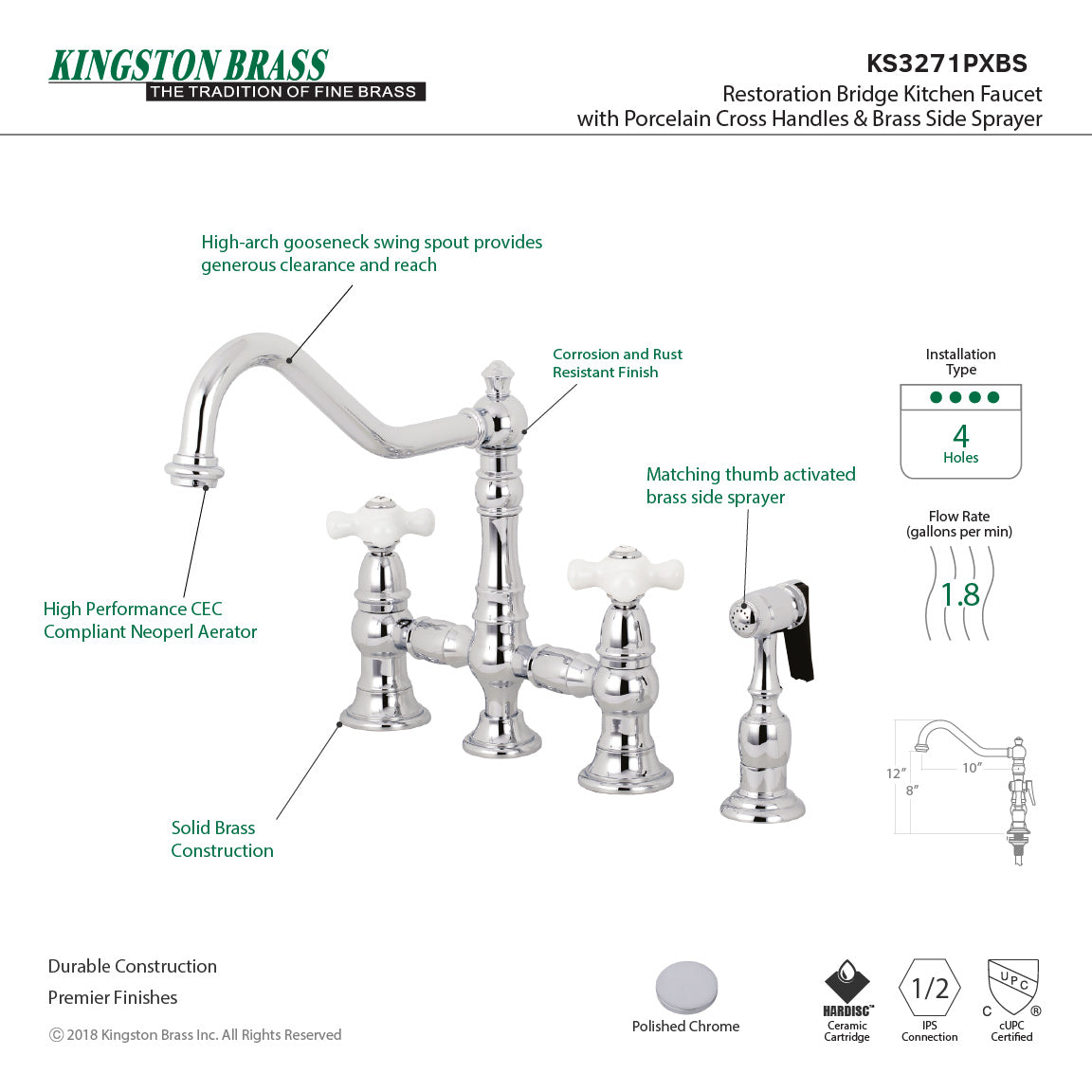 Kingston KS3277PXBS Restoration Bridge Kitchen Faucet with Brass Sprayer, Brushed Brass