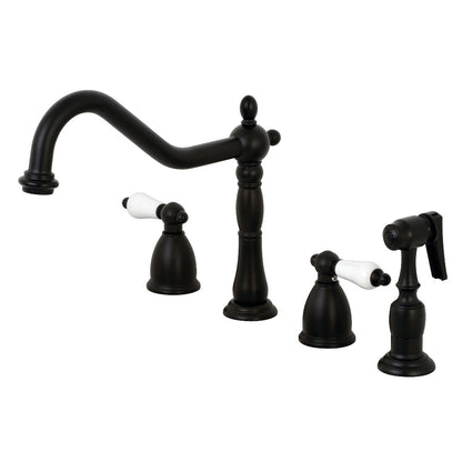 Kingston Brass KB1793PLBS Heritage Double-Handle Widespread Kitchen Faucet with Brass Sprayer, Antique Brass