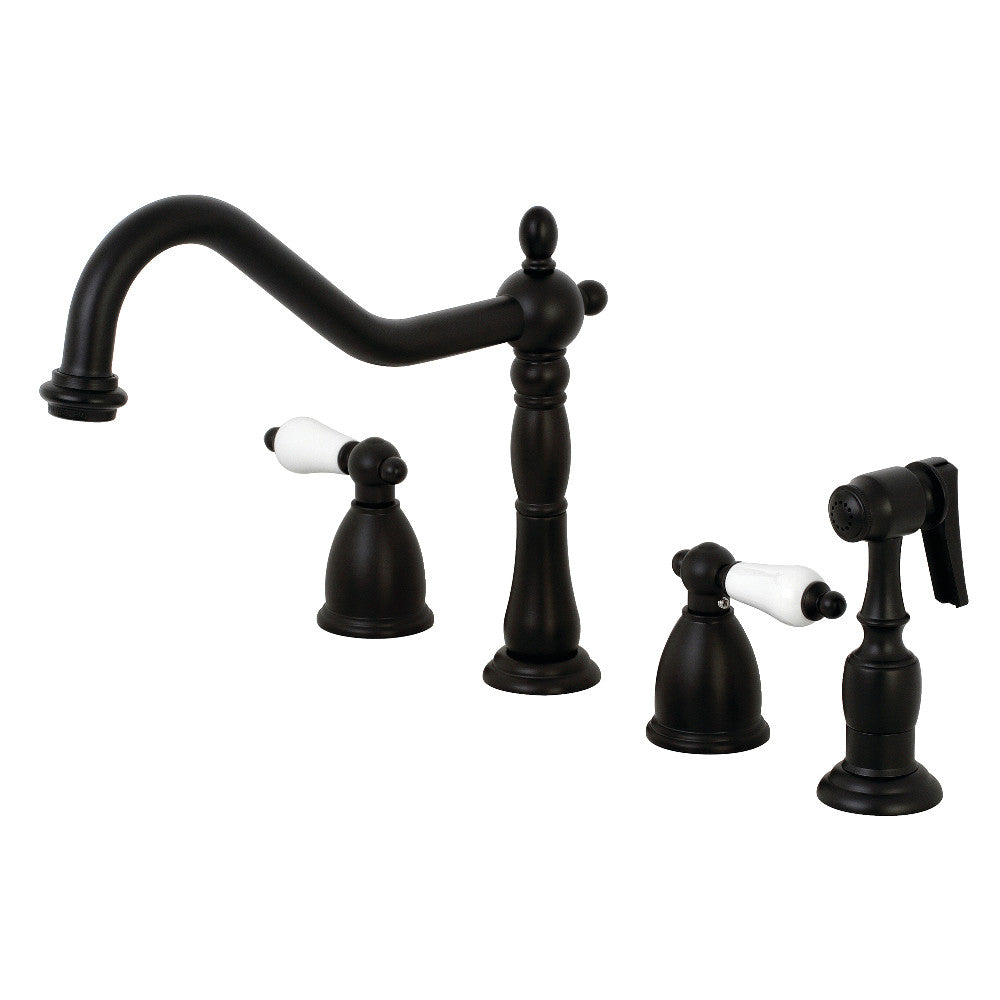 Kingston Brass KB1793PLBS Heritage Double-Handle Widespread Kitchen Faucet with Brass Sprayer, Antique Brass
