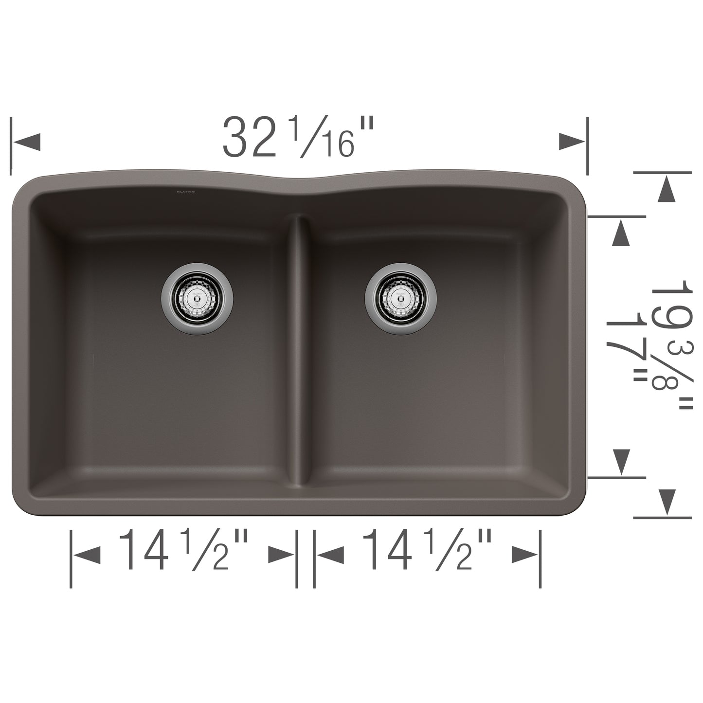 BLANCO Diamond SILGRANIT 32" 50/50 Double Bowl Undermount Kitchen Sink with Low Divide top view and dimensions
