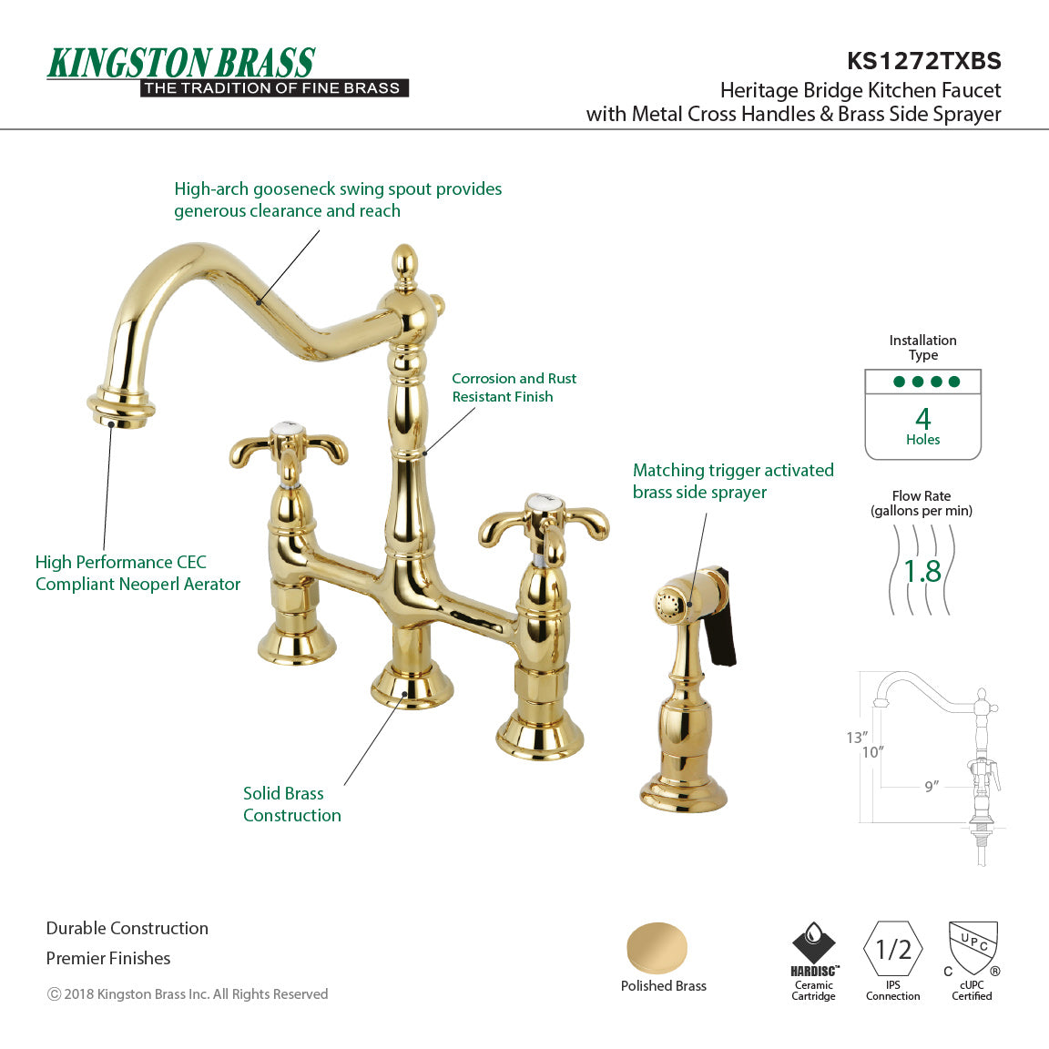 Kingston KS1277TXBS French Country Bridge Kitchen Faucet with Brass Sprayer, Brushed Brass - elegant gooseneck design and solid brass construction.