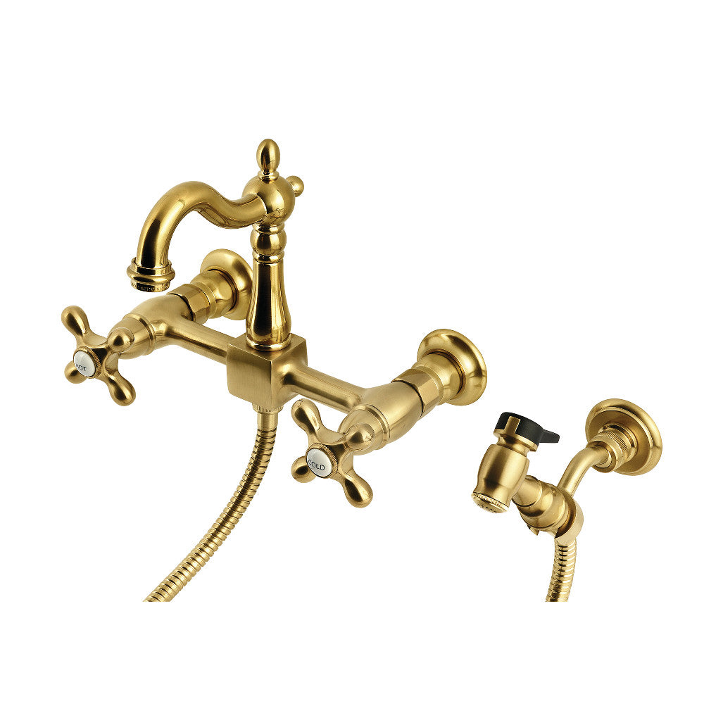 Kingston KS2443AXBS Heritage Two-Handle Wall Mount Bridge Kitchen Faucet with Brass Sprayer, Antique Brass