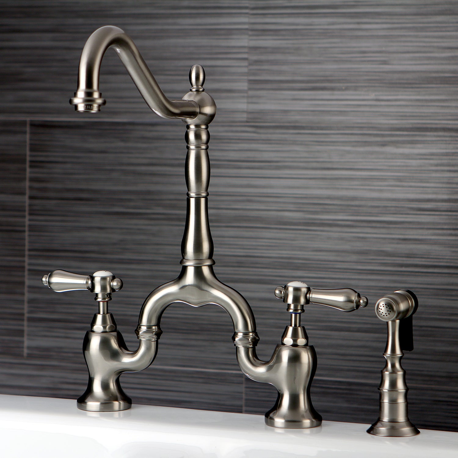 Kingston KS7753BALBS Heirloom Bridge Kitchen Faucet with Brass Sprayer, Antique Brass