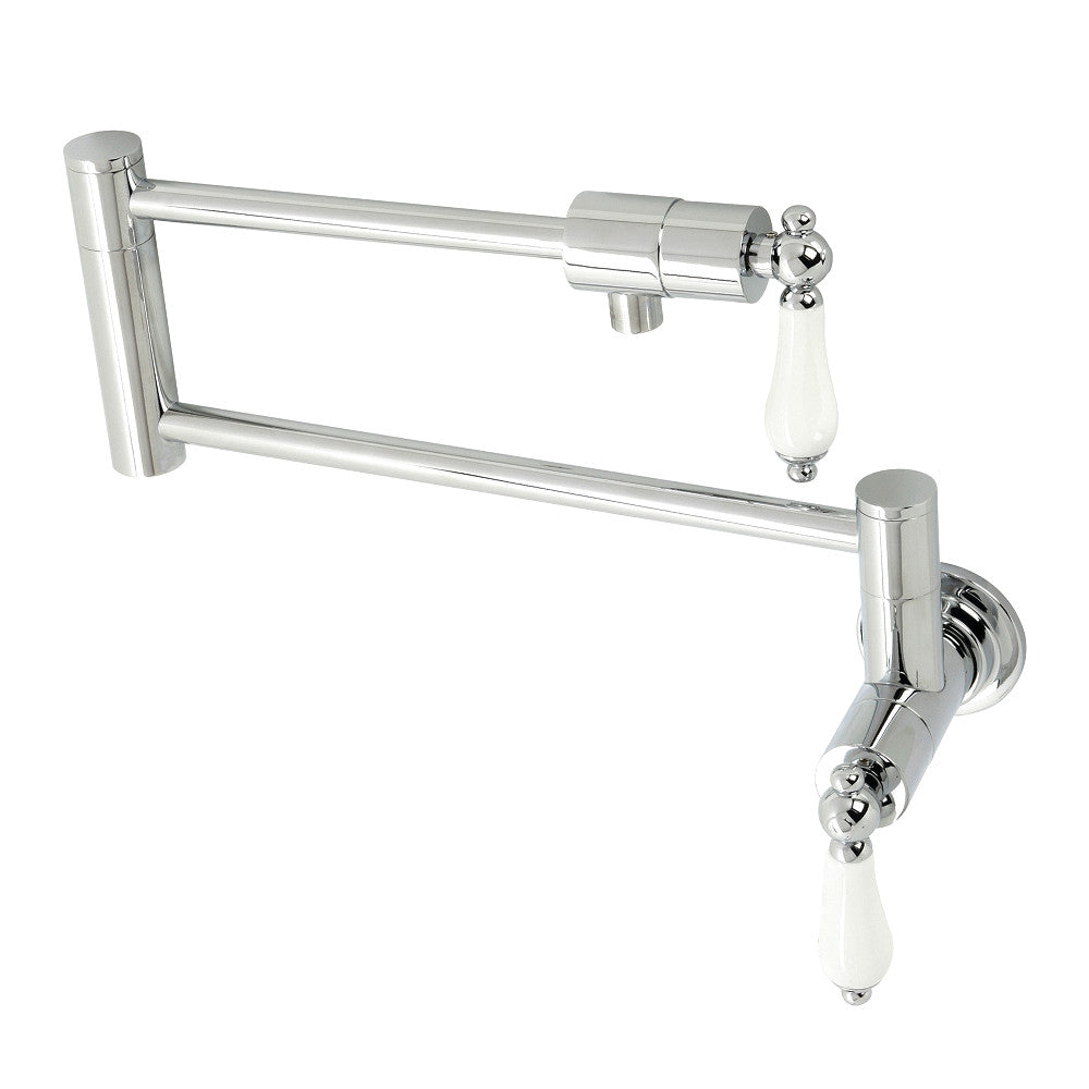Kingston Brass KS4107PL Metropolitan Wall Mount Pot Filler Faucet, Brushed Brass with foldable swing arms and white levers.