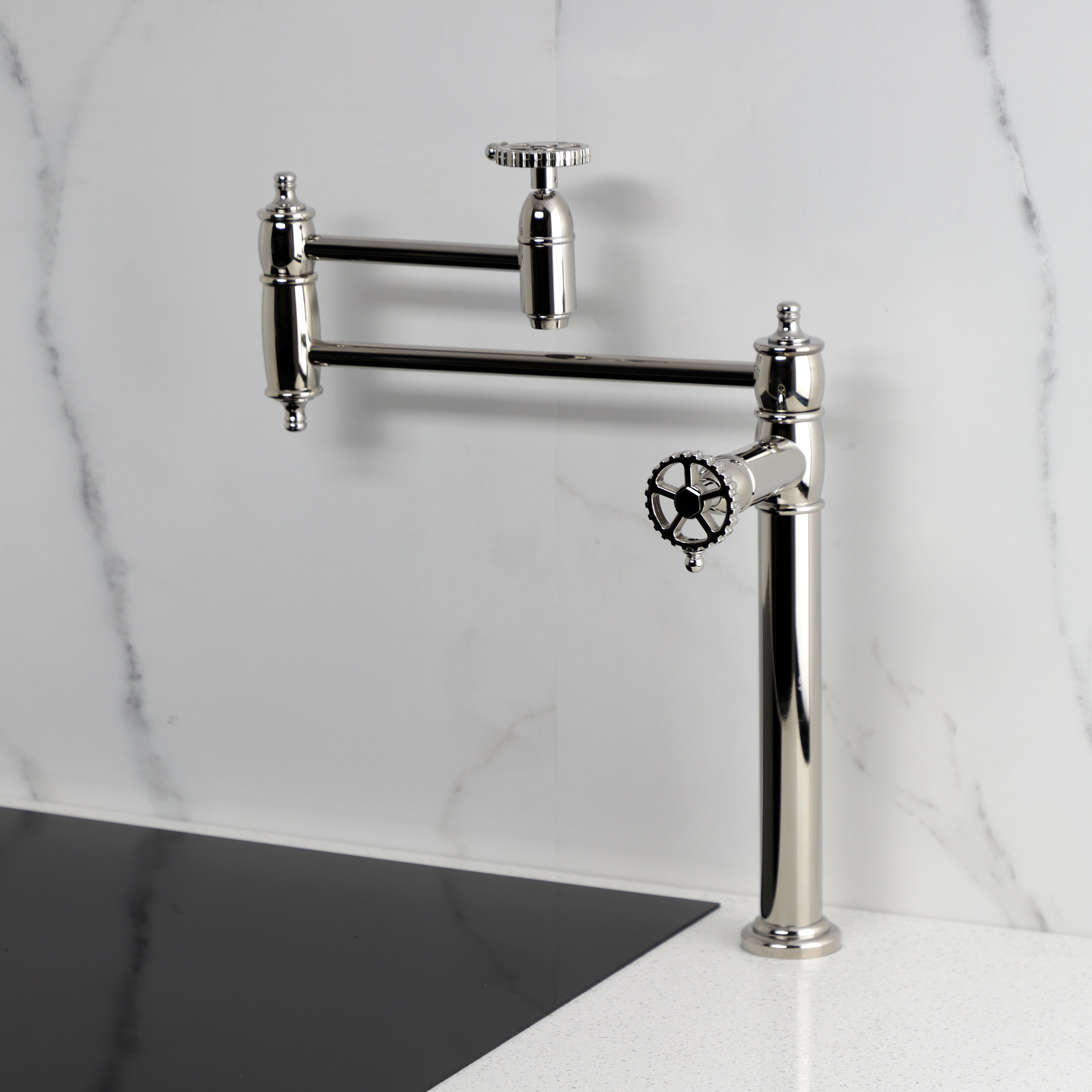 Kingston Brass KS3703CG Fuller Deck Mount Pot Filler Faucet, Antique Brass on a modern kitchen countertop.