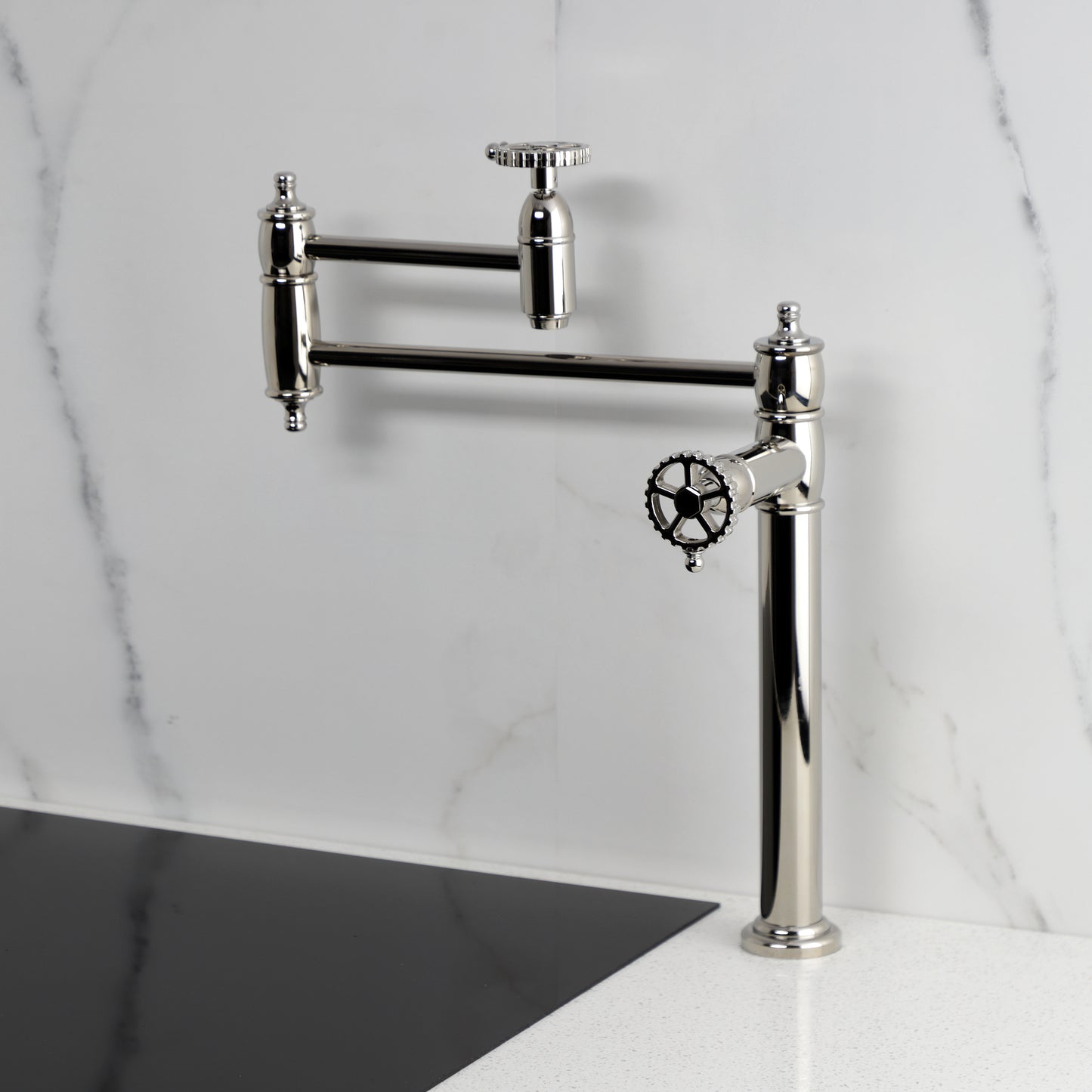 Kingston Brass KS3703CG Fuller Deck Mount Pot Filler Faucet, Antique Brass on a modern kitchen countertop.