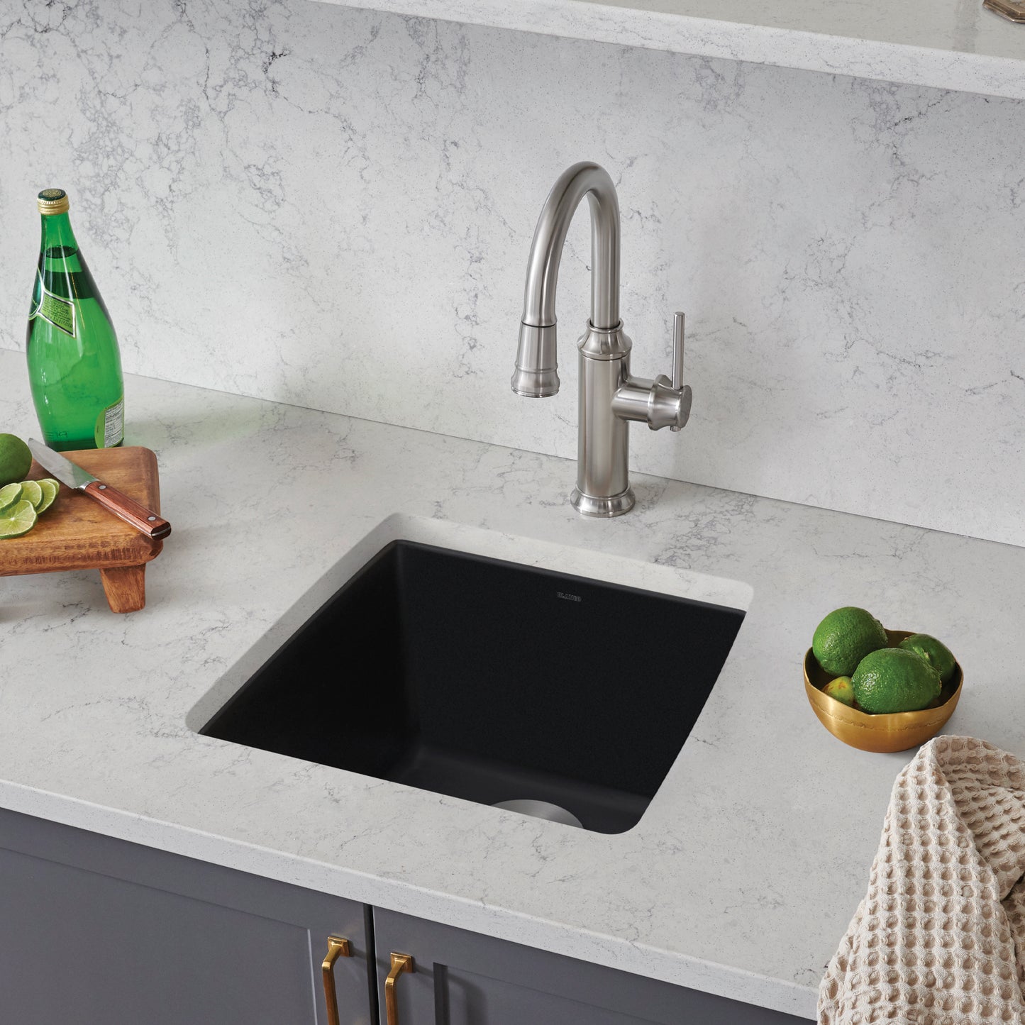 BLANCO Performa SILGRANIT 17" Undermount Bar Sink in a modern kitchen setting with a stylish faucet.