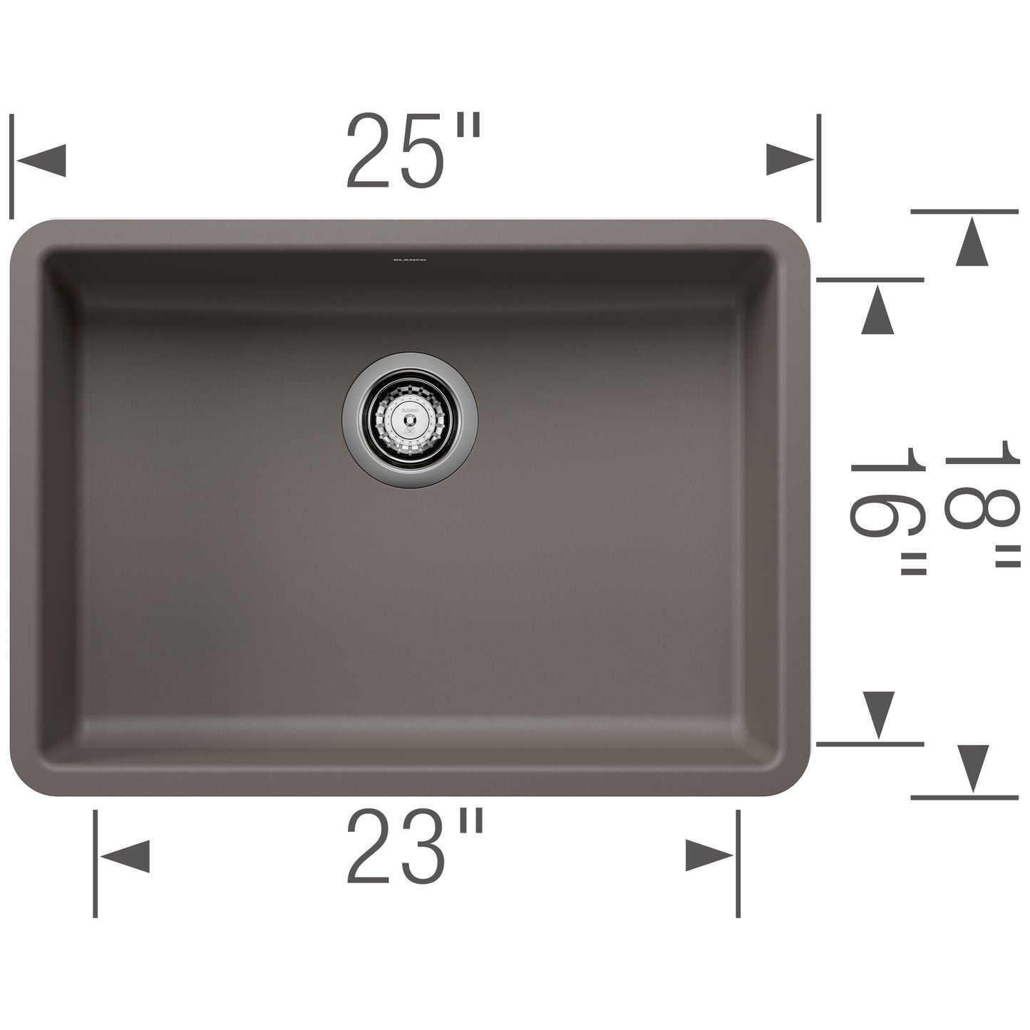BLANCO Precis SILGRANIT 25" ADA Single Bowl Undermount Kitchen Sink top view with dimensions.