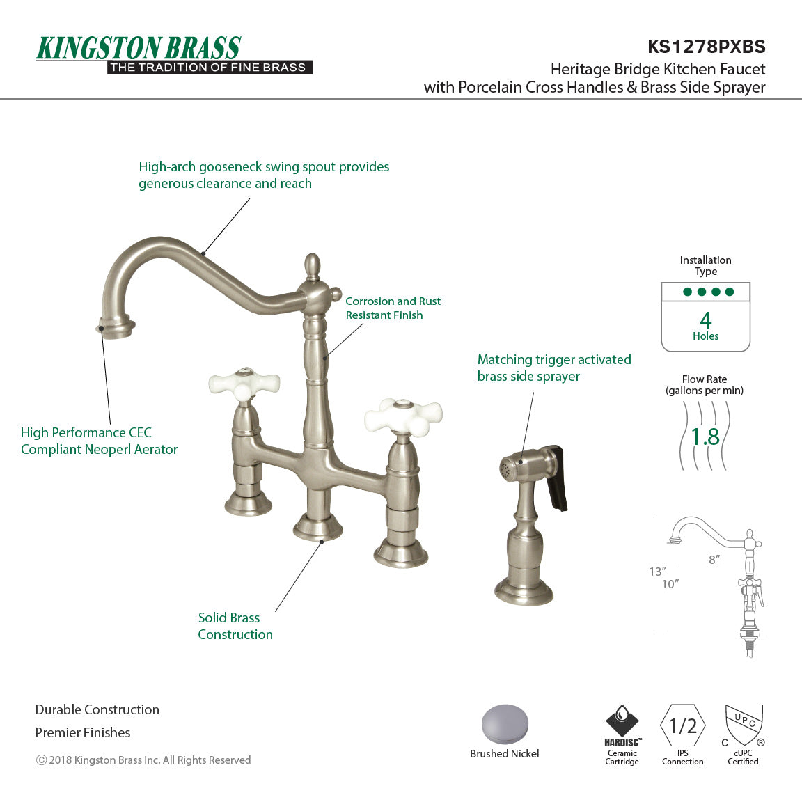 Kingston Brass Heritage Bridge Kitchen Faucet with Brass Sprayer and Cross Handles in Brushed Nickel