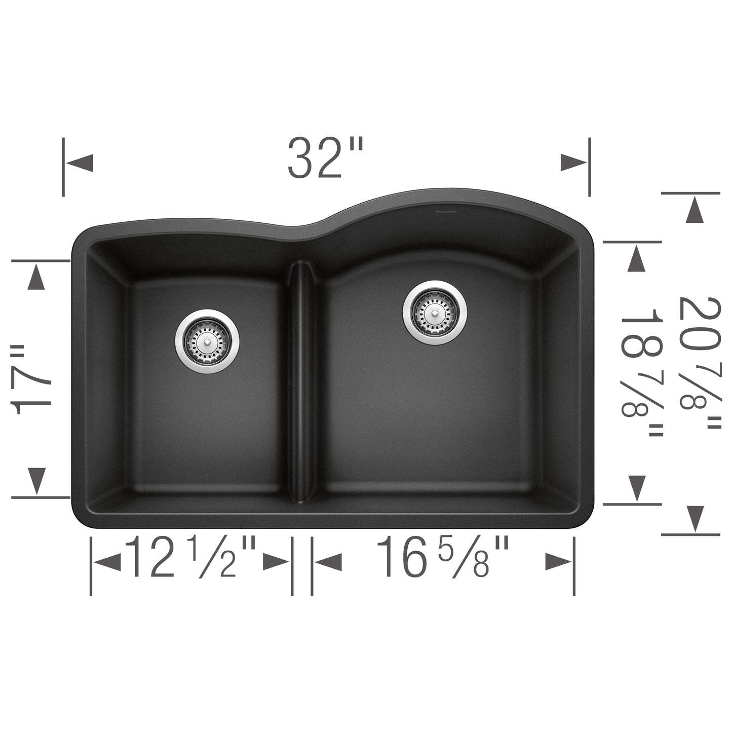 BLANCO Diamond SILGRANIT 32" 40/60 Reverse Double Bowl Undermount Kitchen Sink with Low Divide dimensions diagram