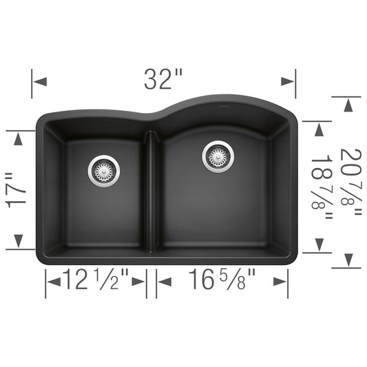 BLANCO Diamond SILGRANIT 32" 40/60 Reverse Double Bowl Undermount Kitchen Sink with Low Divide dimensions diagram