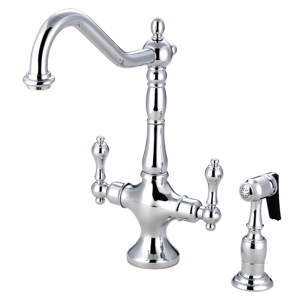 Kingston Brass KS1773ALBS Heritage Two-Handle Single-Hole Kitchen Faucet with Brass Sprayer, Antique Brass