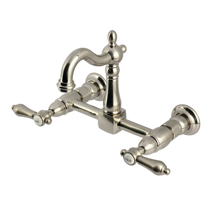 Kingston KS2443BAL Heirloom Two-Handle Wall Mount Bridge Kitchen Faucet, Antique Brass with brushed nickel finish.