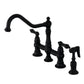 Kingston KS3277PKLBS Duchess Bridge Kitchen Faucet with Brass Sprayer, Brushed Brass, featuring matte black finish.