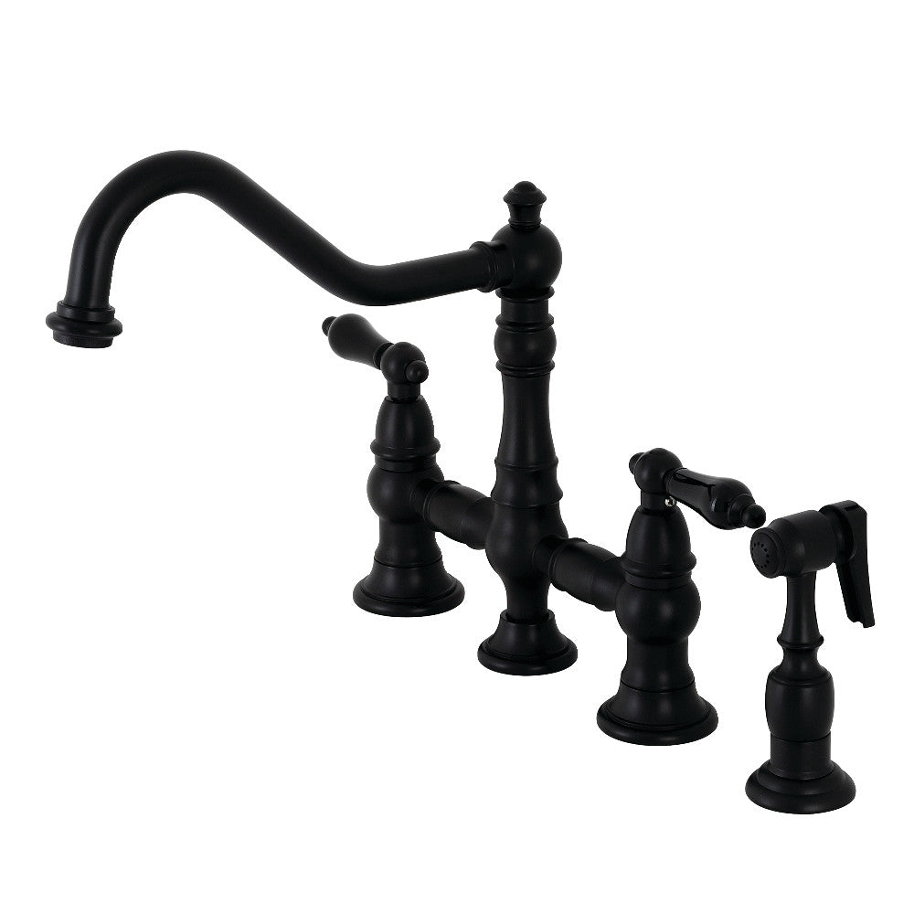 Kingston KS3277PKLBS Duchess Bridge Kitchen Faucet with Brass Sprayer, Brushed Brass, featuring matte black finish.