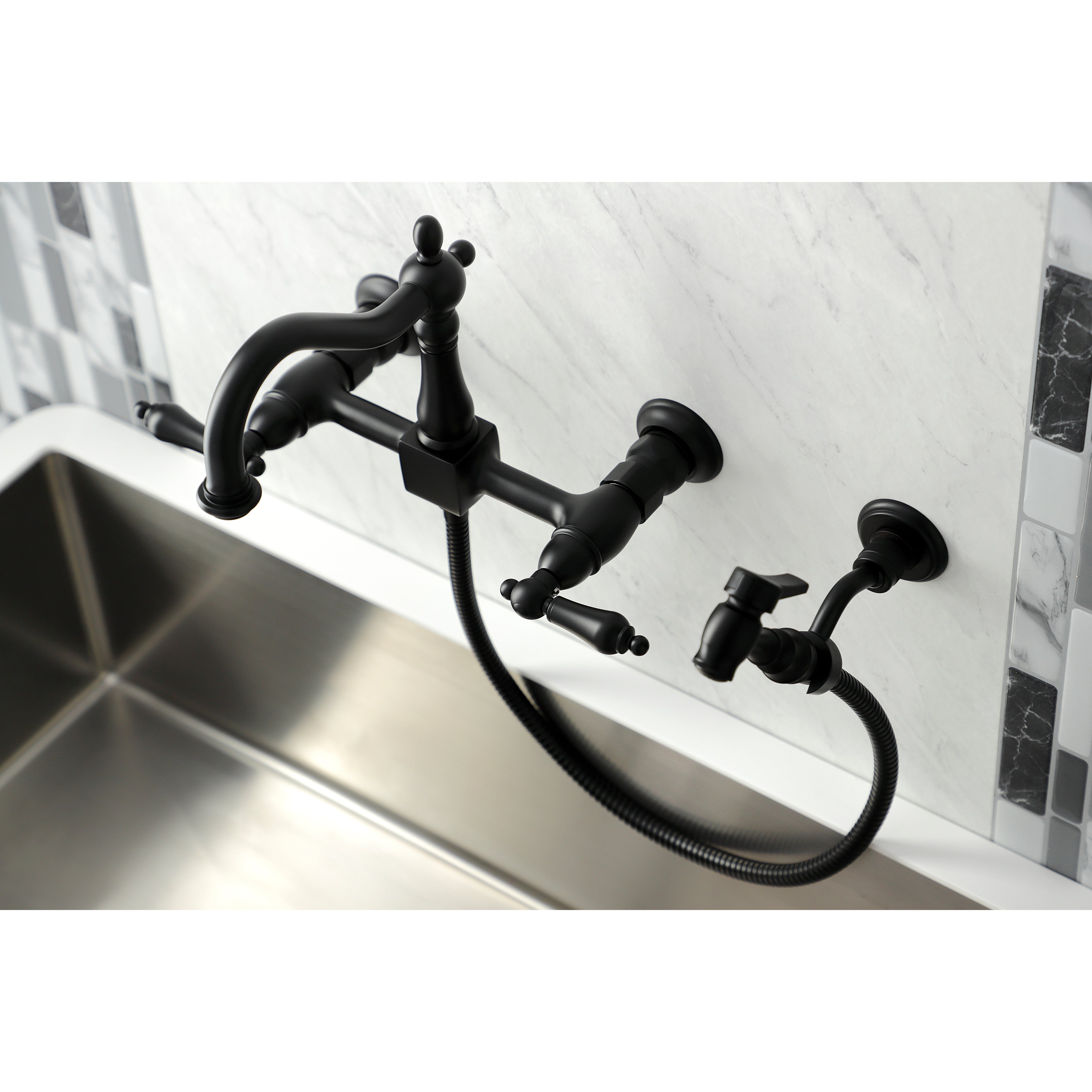 Kingston KS1263ALBS Heritage Two-Handle Wall Mount Bridge Kitchen Faucet with Brass Sprayer, Antique Brass