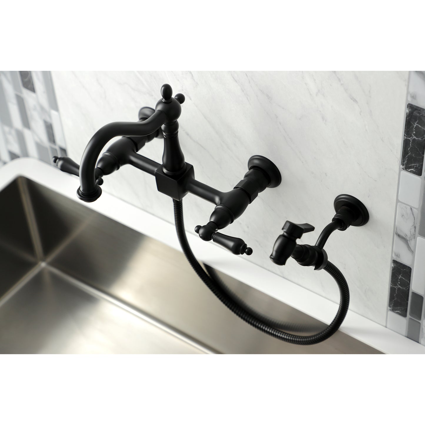Kingston KS1263ALBS Heritage Two-Handle Wall Mount Bridge Kitchen Faucet with Brass Sprayer, Antique Brass