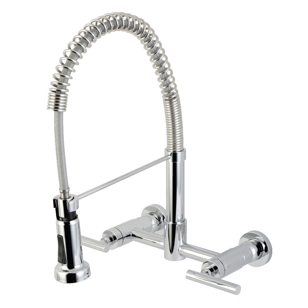 Kingston Brass GS8187CML Manhattan Double-Handle Wall-Mount Pre-Rinse Bridge Kitchen Faucet, Brushed Brass in polished chrome finish