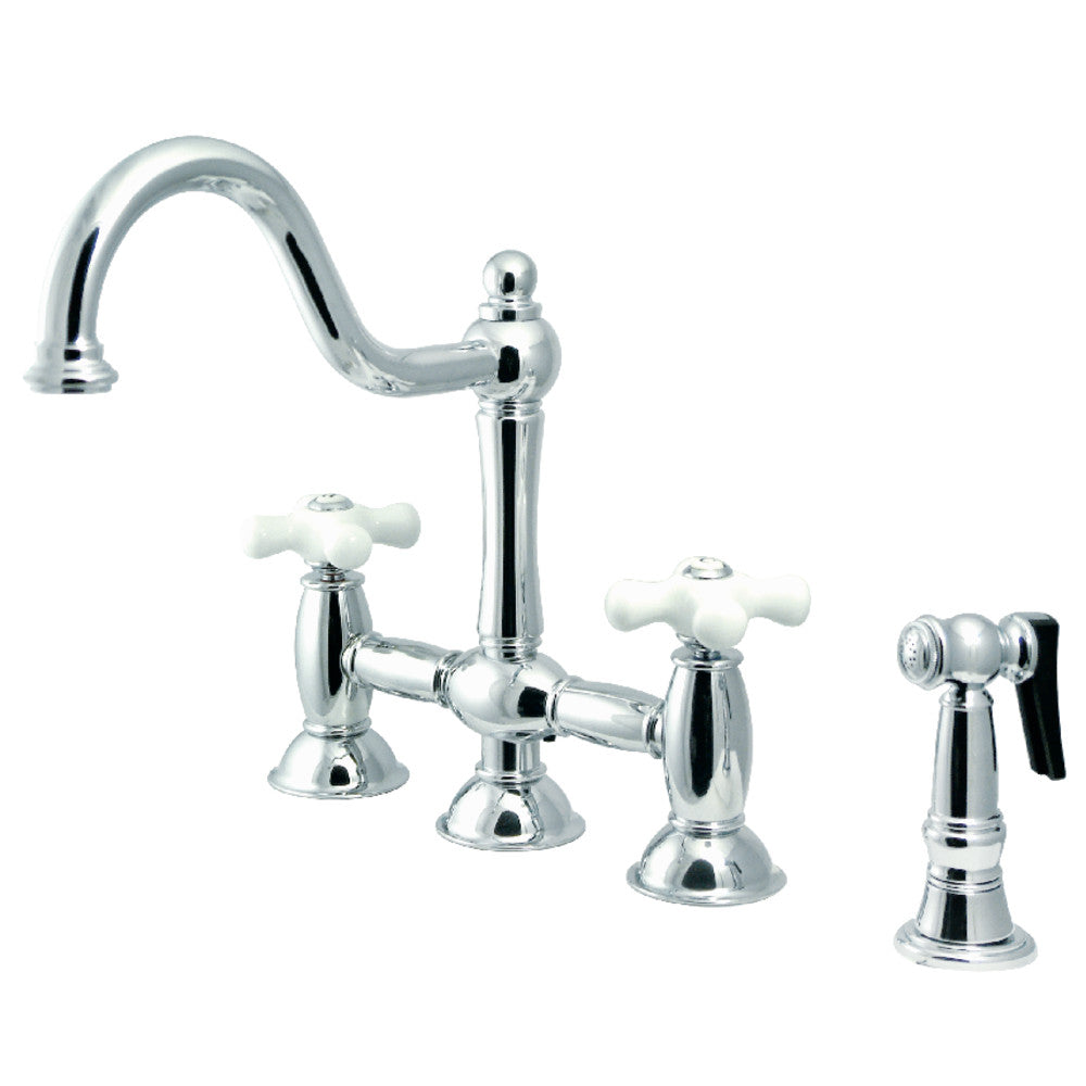 Kingston KS3795PXBS Restoration Bridge Kitchen Faucet with Brass Sprayer, Oil Rubbed Bronze in polished chrome finish.