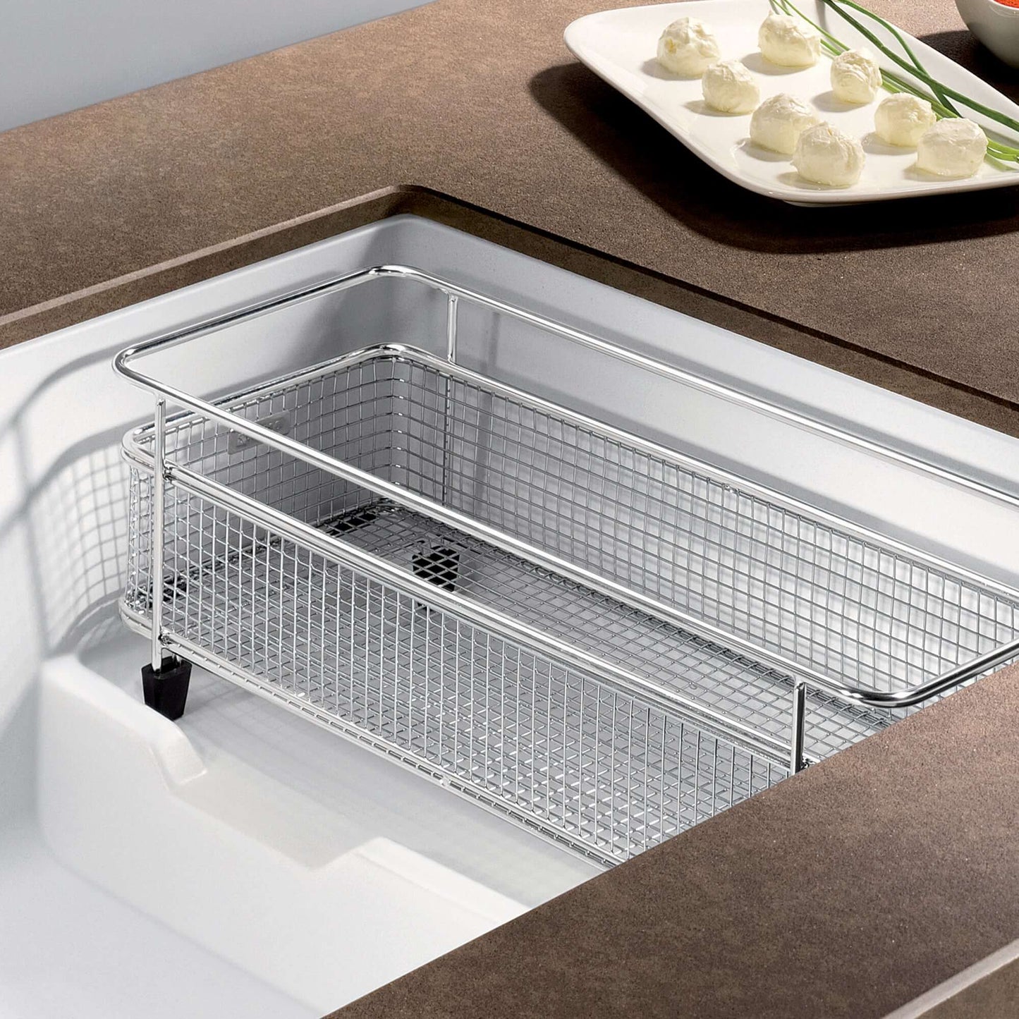 BLANCO Precis Cascade SILGRANIT 29" Single Bowl Undermount Kitchen Sink with Colander showing integrated colander.