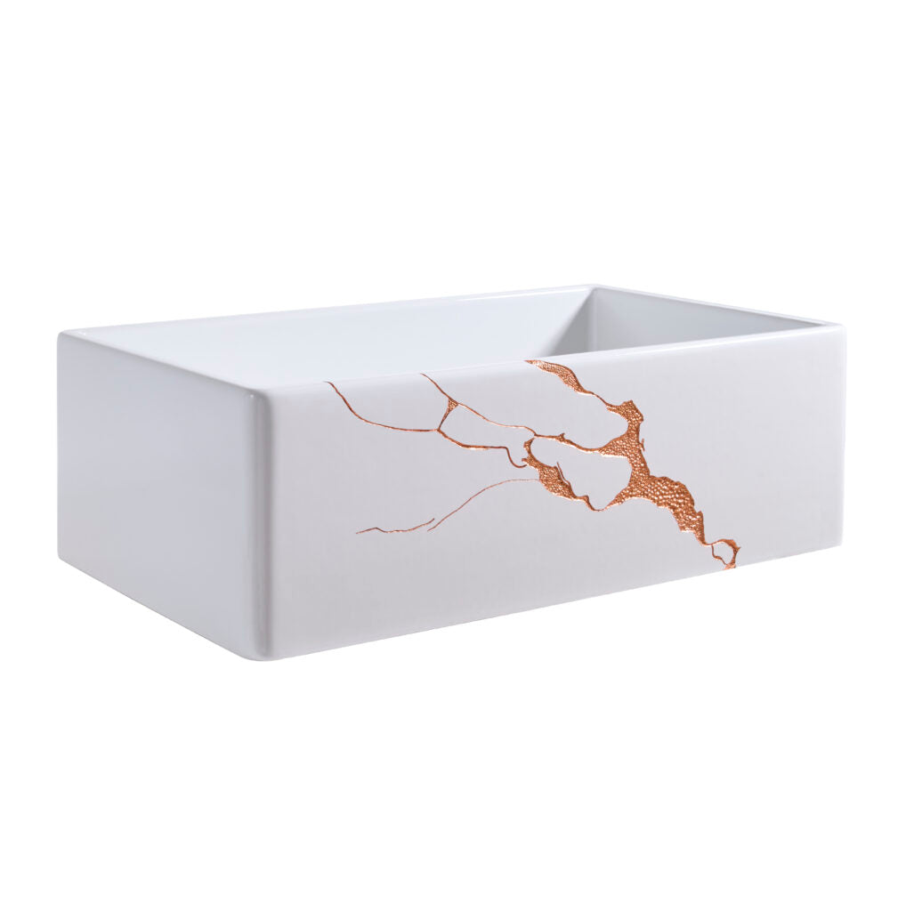 Thompson Kintsugi 30" Gloss White Fireclay Farmhouse Sink with Copper Detailing - KSA-KINT-COPPER