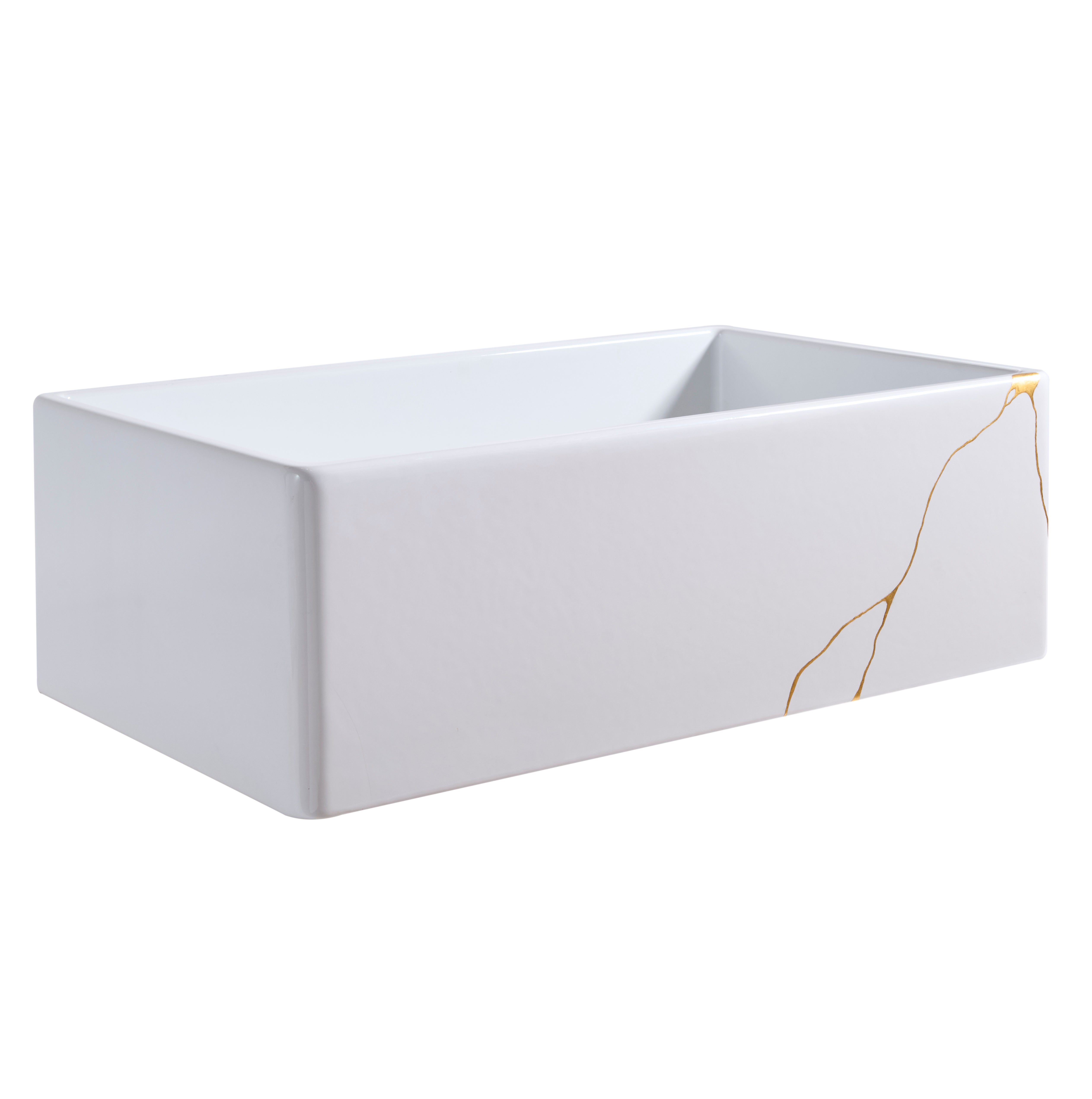 Thompson Kintsugi 30" Matte White Fireclay Farmhouse Sink with Gold Detailing - KSA-KINT-GOLD