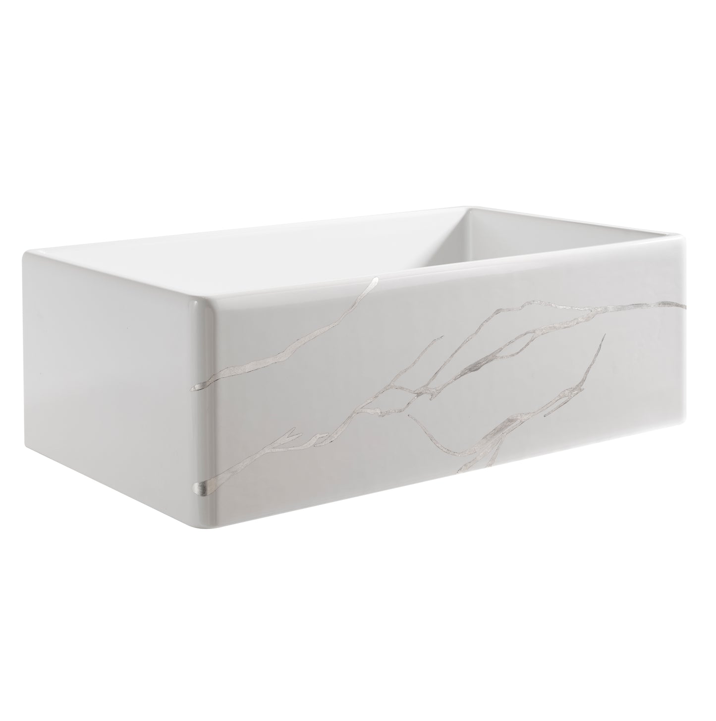 Thompson Kintsugi 30" Gloss White Fireclay Farmhouse Sink with Silver Detailing - KSA-KINT-SILVER