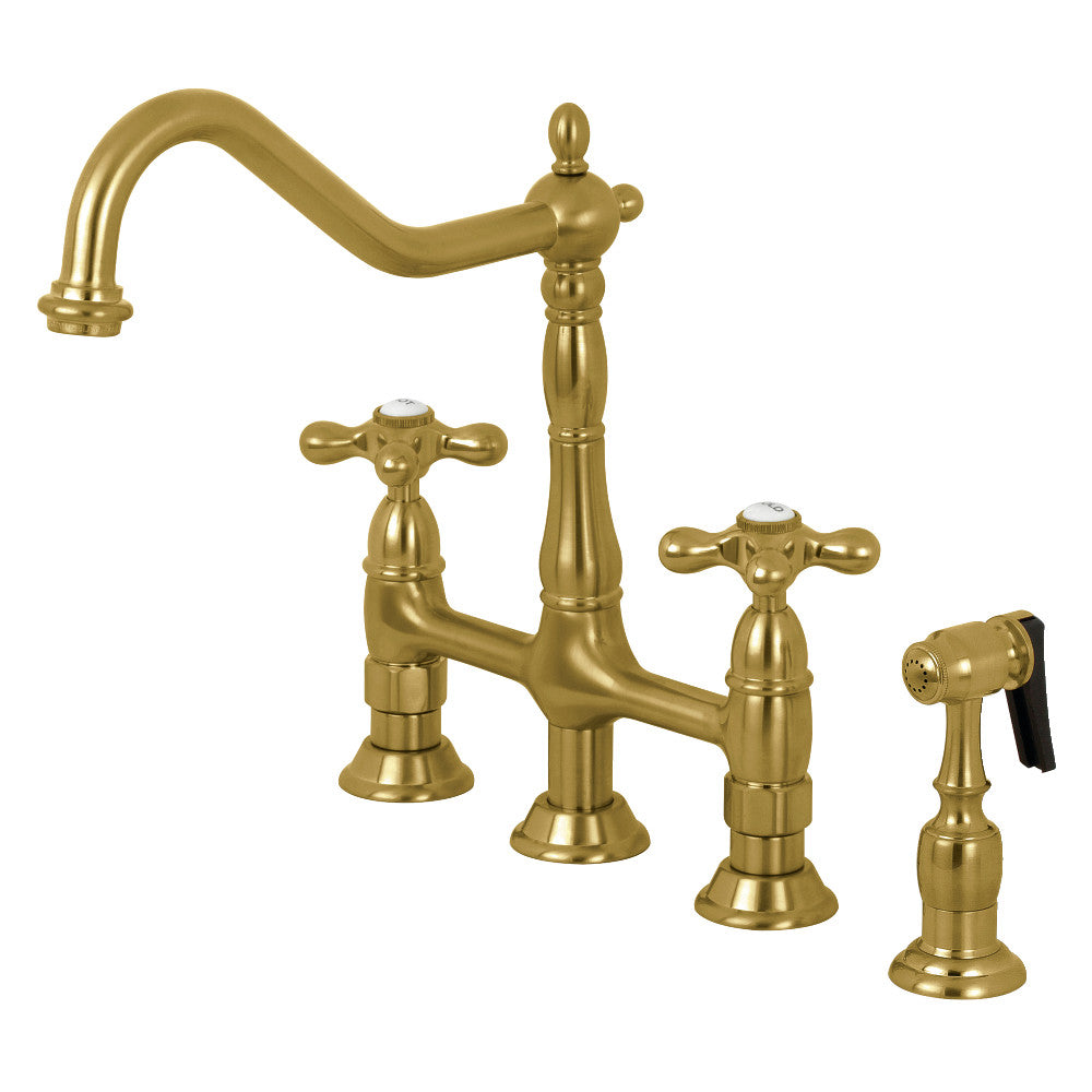 Kingston KS1273AXBS Heritage Bridge Kitchen Faucet with Brass Sprayer, Antique Brass