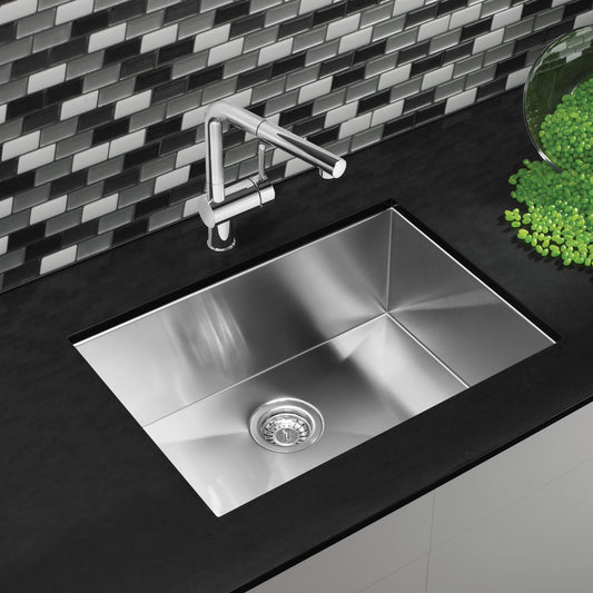 BLANCO Quatrus R0 25" Single Bowl Undermount Stainless Steel Kitchen Sink with sleek modern faucet and black countertop.