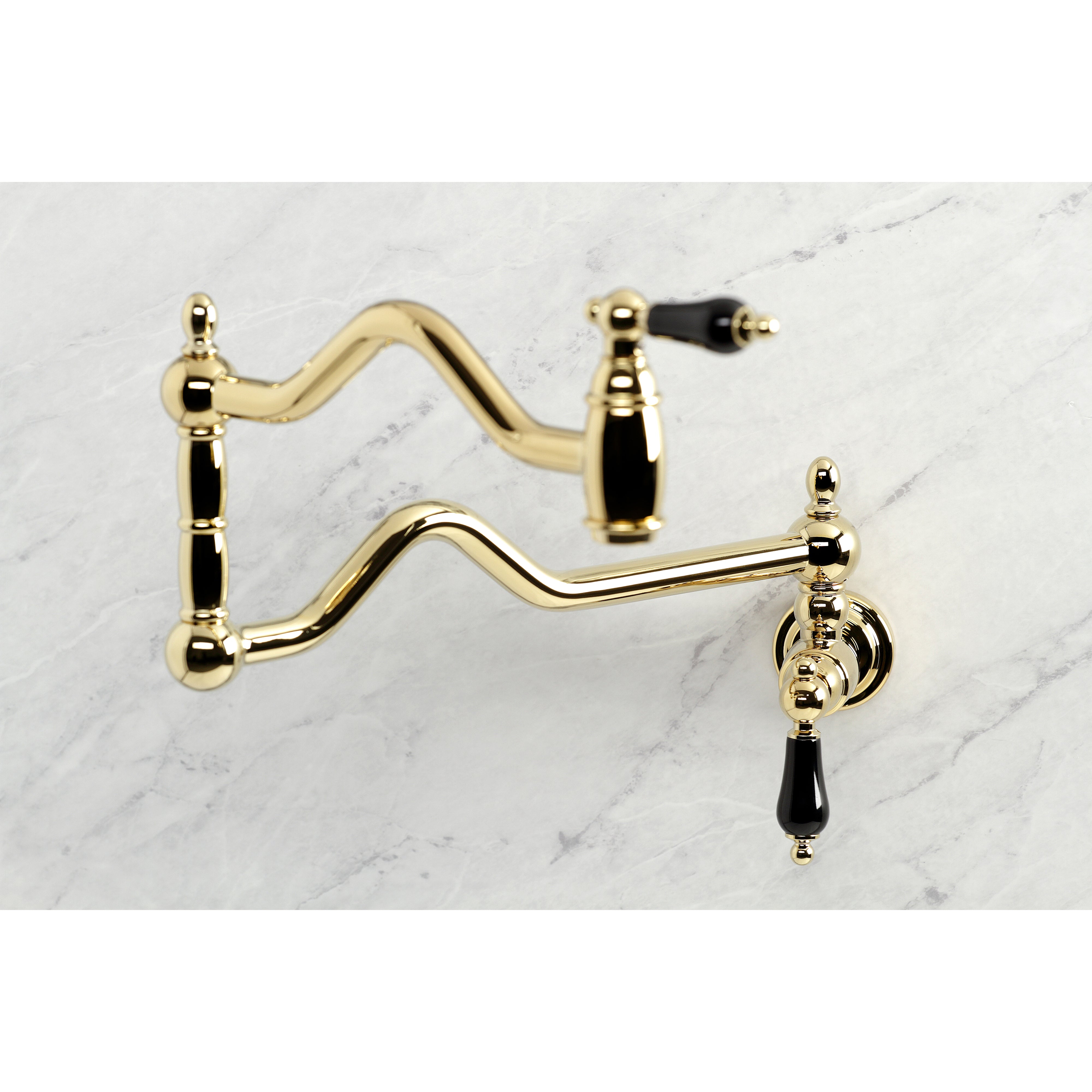 Kingston Brass KS2107PKL Duchess Wall Mount Pot Filler Faucet, Brushed Brass with black porcelain handles
